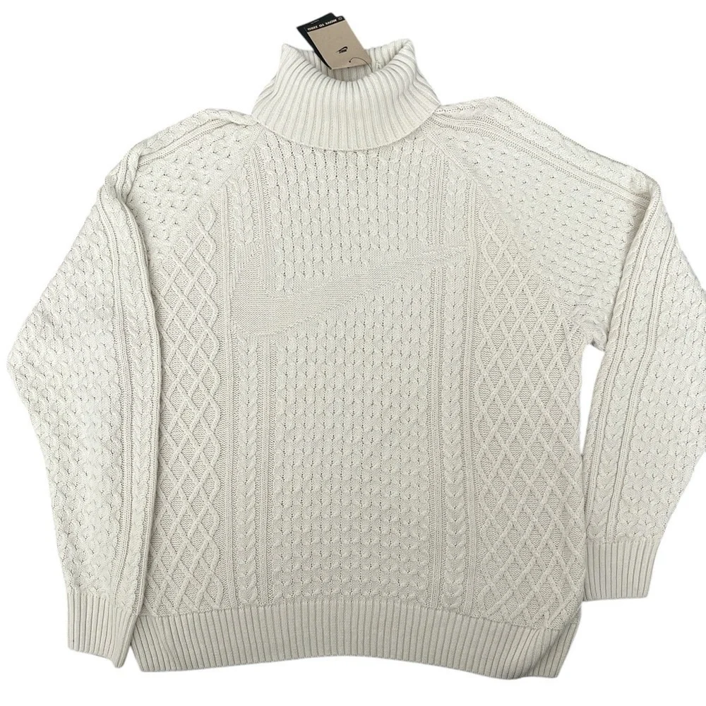 Nike Life Mens Cable Knit Turtleneck Off White Chunky Relaxed Large Sweater NWT